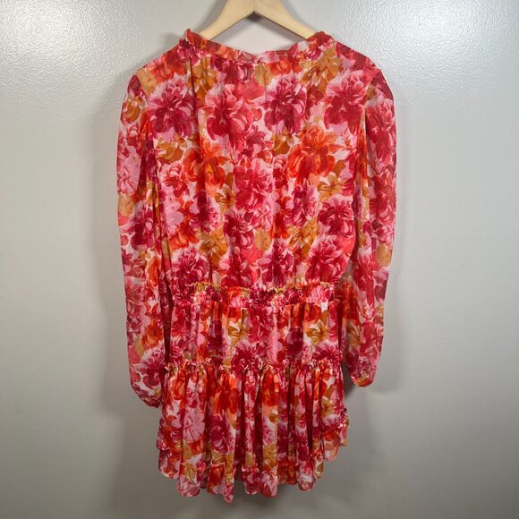 MIsa Clementine Mini Dress Size Medium Floral Pink Red Ruffle Party Wedding - Picture 3 of 13